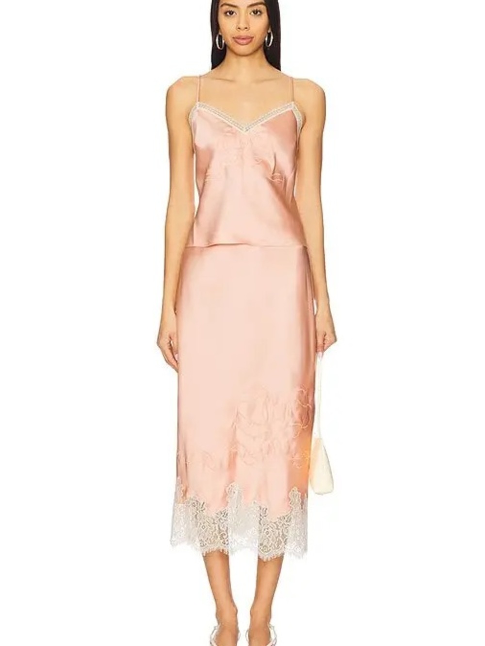 LoveShackFancy Peach Satin Lace-Trim Slip Dress